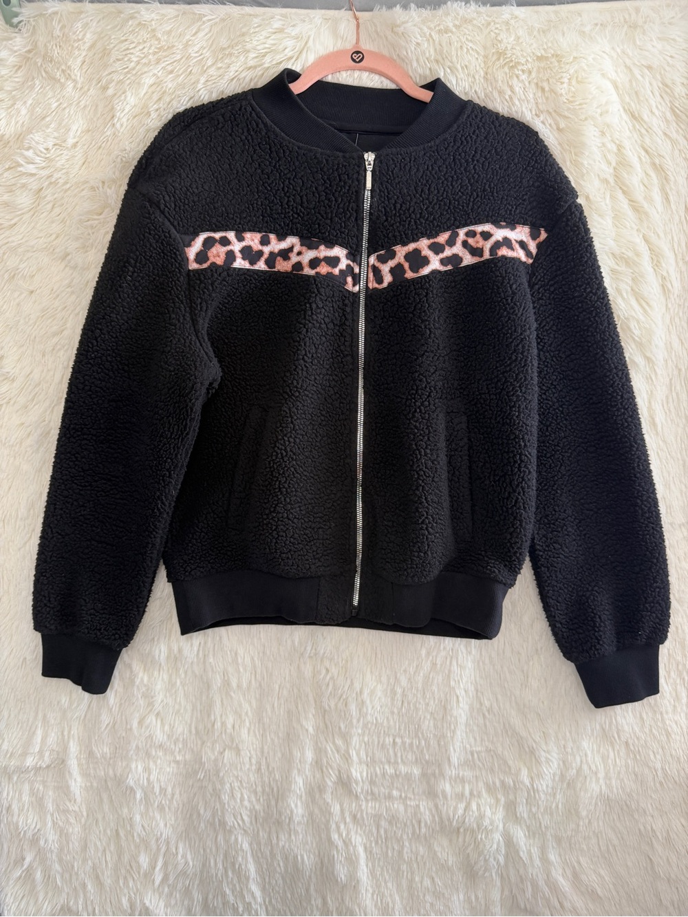 Zyia Active Womens Leopard Flying V Fleece Sherpa Jacket Size S Black Sporty